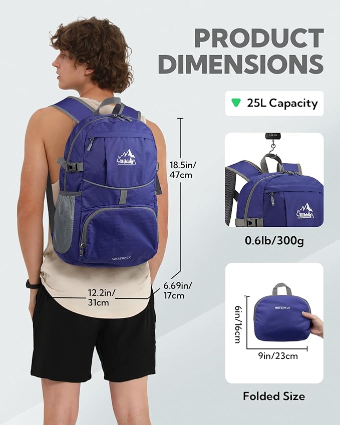 WATERFLY Hiking Packable Daypack Backpack: 25L Ultra Lightweight Day Pack for Women Men - Small Compact Folding Back Pack for Outdoor Sport Cycling Camping Travel Trip - Dark blue
