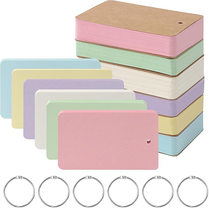 300 PCS Hole-Punched Blank Index Cards With Rings，3.2x2.1In Colored Flash Cards Kraft Paper Cover, Portable Notecards For Study/Office/Home/Note-Taking/Language Learning(6 Color)