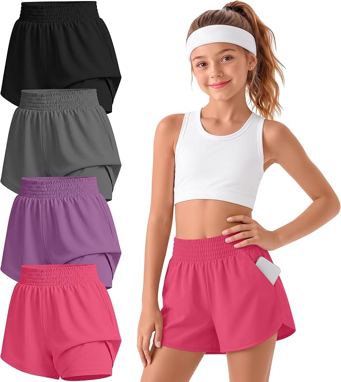 4 Pack Girls Athletic Shorts 2 in 1 Quick Dry High Waist Tween Shorts with Liner Kids Back to School Running Shorts