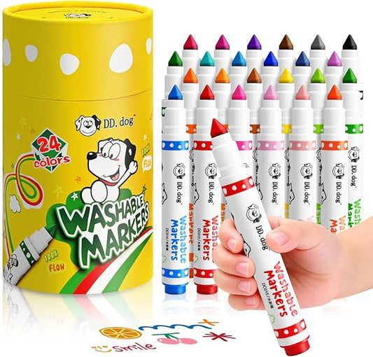 Washable Markers for Kids, 24 Vibrant Colors with Cone Tips & Easy-Grip Barrel - Toddler Art Supplies, Washable from Skin & Clothes, Portable Case for Preschool, Home, Travel (cartoon, Count, 24)