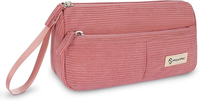 FINPAC Pencil Case, Corduroy Triangle Makeup Bag Kawaii Pen Bag Pouch | Pencil Holder Box Organize for Study, Office, or Travel, Pink