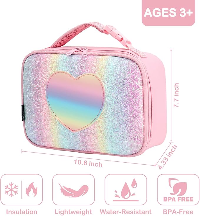 FlowFly Kids Lunch box Insulated Soft Bag Mini Cooler Back to School Thermal Meal Tote Kit for Girls, Boys, Glitter-RainBow
