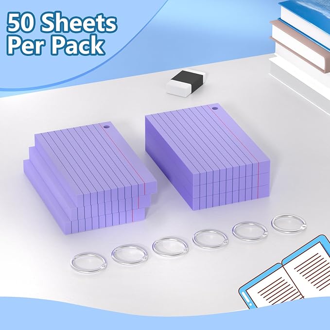 Index Cards 3x5 Inch With Ring, 300 Count, Ruled Purple Index Card, 180GSM Flash Cards College Ruled for Students, Teachers, Study Note Card for Office, Home, School, Office
