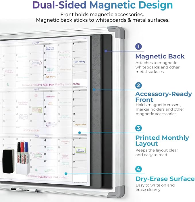 Extra Large Magnetic Dry Erase 3 Month Calendar for Wall, 46" x 63" Jumbo 90 Day Quarterly Whiteboard Calendar, Dual-Sided Magnetic Undated Planner with Big Blocks for Office & Family