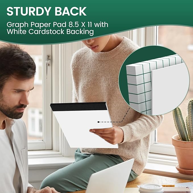 Graph Paper 8.5 X 11, 2 Pack, 4x4 Quad Ruled, Grid Paper Pad 8-1/2" X 11.75", Grid Pad 8.5 X 11.75, Engineering Notebook, Easy Tears Off, White 70 Gsm Graft Paper