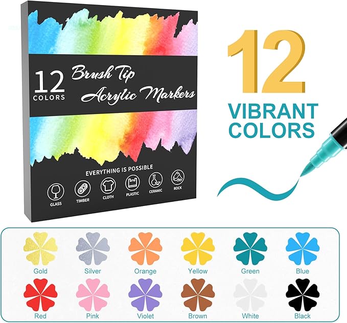 TOSHARE 12 Colors Acrylic Paint Markers, Brush & Fine Dual Tip Acrylic Paint Pens for Rock, Wood, Paper, Fabric, Canvas, Glass, Ceramic, Egg, Scrapbook and DIY Crafts Supplies Art Gifts