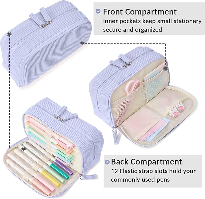 Sooez Big Capacity Pencil Case Pen Pouch, Soft Corduroy Pencil Bag with 3 Compartment, Multiple Pockets, Sturdy Zipper, Cute School Supplies Pen Bag Organizer For Teen Girls College, Blue
