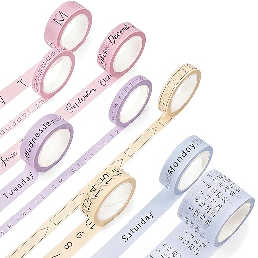 Chuangdi 9 Rolls Calendar Washi Tape Set Day Week Month Number Vintage Calendar Date Washi Masking Tape Decorative Patterned Marking for Arts Crafts Journal Planner (Pink, Purple, Yellow, Blue)