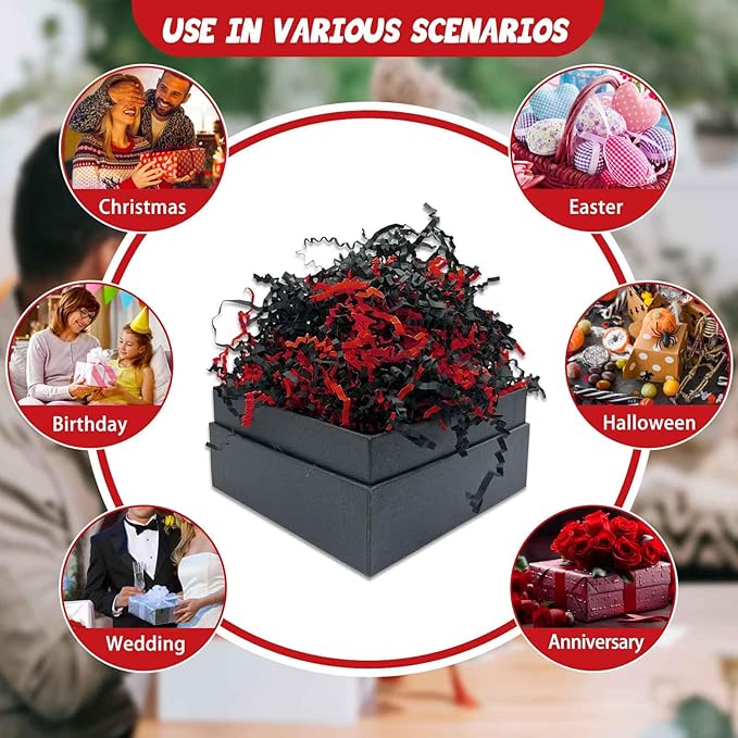 3LB Black Red Crinkle Cut Paper Shred Filler, Paper Shreds for Basket Fillers, Birthday, Gift Wrapping, Anniversary, Wedding, Halloween, Fiesta Stranger Theme, Christmas Gift Decor Party Filler