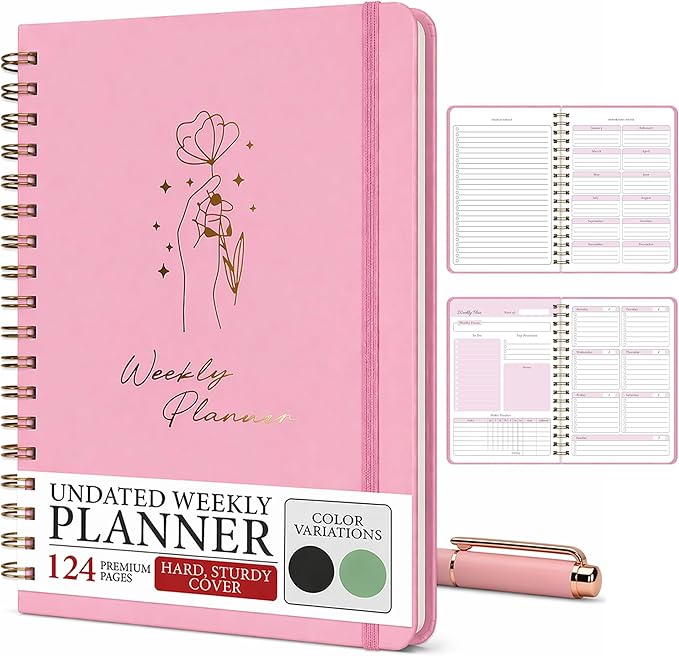 Undated Weekly Planner & Notebook for Work, School & Home — Aesthetic Hardcover Spiral Blank Planner with Habit Tracker, Goal Organizer & To Do List — 124 No-Bleed Pages, 6.4×8.5", Pink