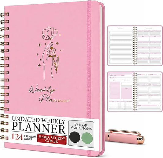 Undated Weekly Planner & Notebook for Work, School & Home — Aesthetic Hardcover Spiral Blank Planner with Habit Tracker, Goal Organizer & To Do List — 124 No-Bleed Pages, 6.4×8.5", Pink