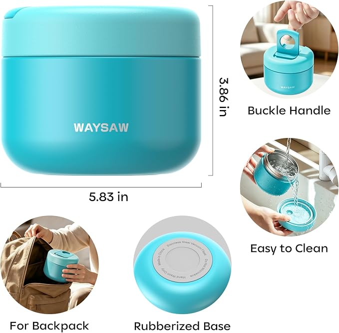 14 oz Kids Thermo for Hot Food, Leakproof Insulated Vacuum Jar/Blue | 316 stainless steel wide mouth buckle lid BPA free pasta soup small hand friendlly keep food hot and cold school lunch picnic