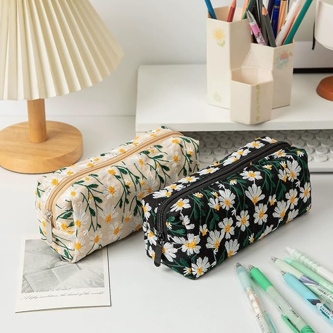 Cute Pencil Case Aesthetic Student Pencil Pouch Coin Pen Pouch Cosmetic Bag Office Stationery Organizer For Kids Teen School (Flowers-L)