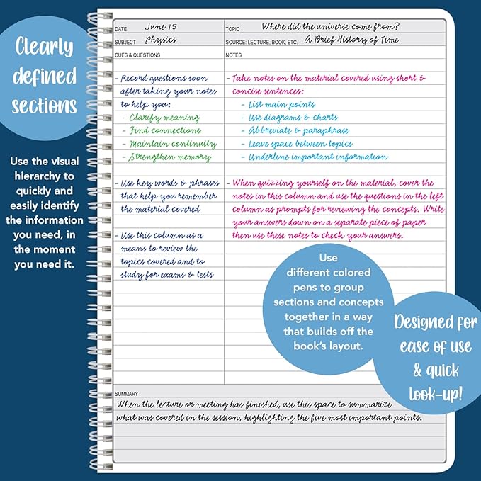 BookFactory Universal Note Taking System, Cornell Notes, Notetaking Notebook, 120 Pages, 8.5" x 11" (Made in USA)