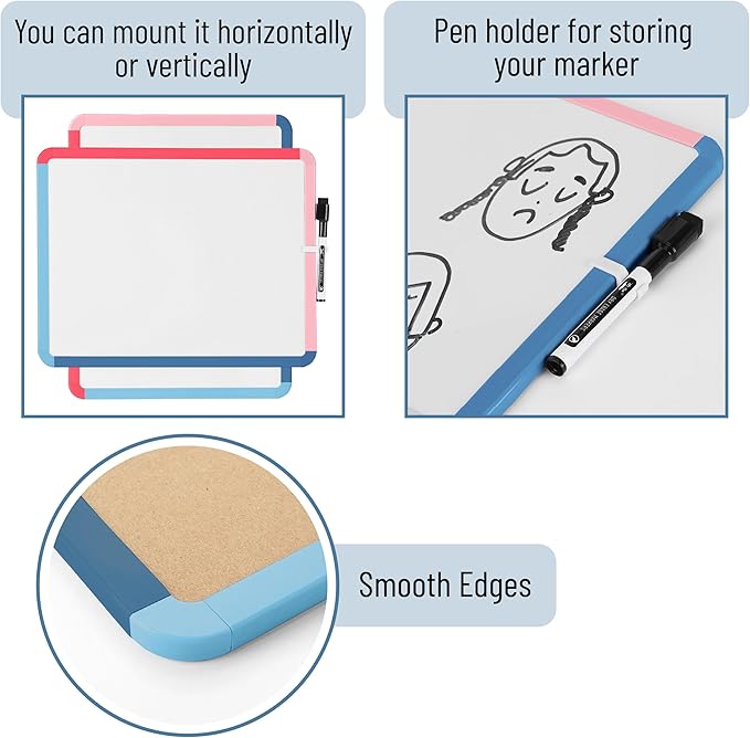 Mr. Pen- Dry Erase Board, 14” x 11” with a Black Dry Erase Marker, Pink Tide Frame, Small Mini White Board for Students, Fridge, Wall, Locker, Includes Double Sided Tapes
