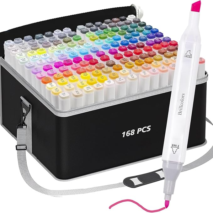 Brillcolors 168 Colors Alcohol Markers Set with Base Dual Tip Drawing Markers for Comics Coloring Sketching Illustration (168 White) -Refillable