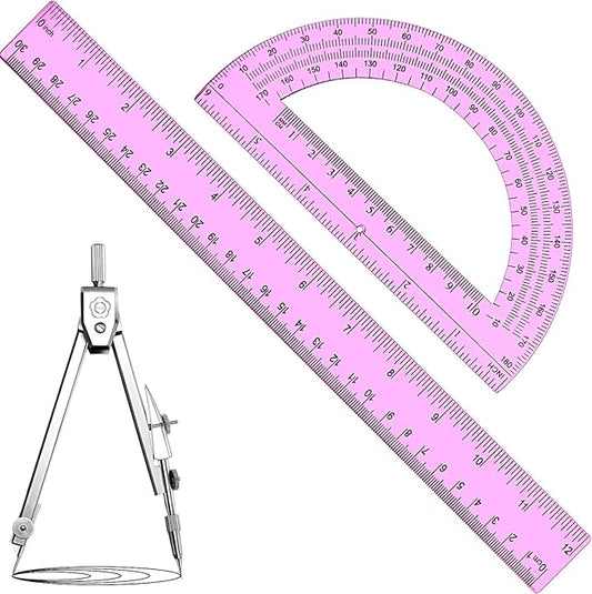 Zonon 3 Pcs Plastic Ruler 6 Inch Protractor Drawing Compass Set, Student Geometry Math Transparent Measuring Tools for Home School Classroom Office Supplies(12 Inch,Pink)