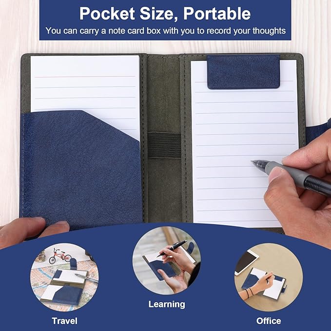 Blue Index Card Holder PU Leather 3x5 Note Card Holder Wallet Portable Pocket Notepad with Pen Holder Magnetic Index Card Case with Card Solt 20 Pcs Ruled Note Cards For Record Meetings (No Pen)
