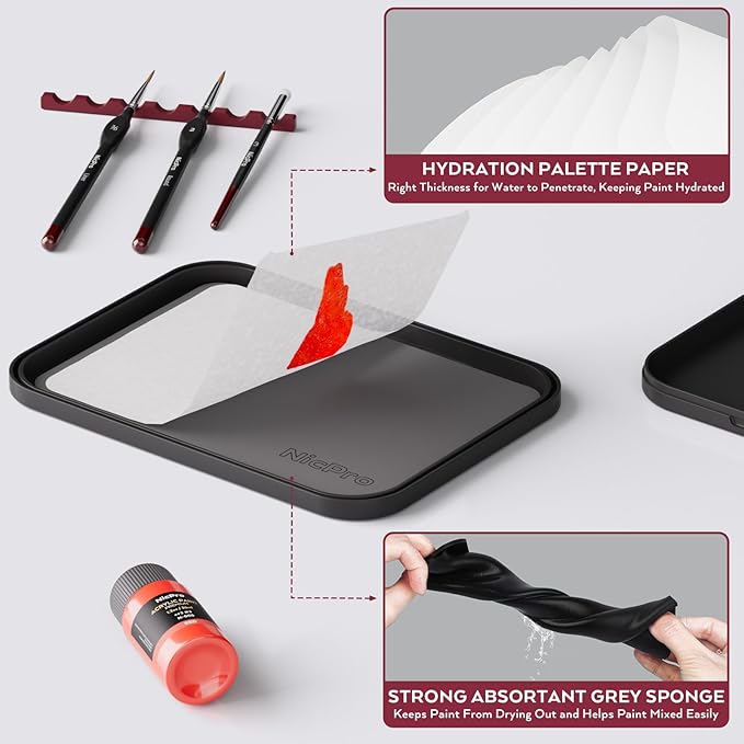 Nicpro Professional Miniature Painting Kit, Stay Wet Palette & 16PCS Detail Paint Brushes Drybrush with Nylon Bag, 100PCS Pallet Paper, 4PCS Sponge, Mixing Paint Saver Palette for Miniature Model