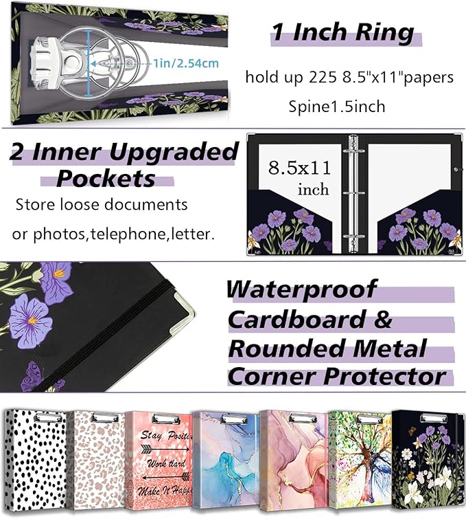 3 Ring Binder 1 Inch, Three Ring Binders Organizer with Clipboard, 5-Tabs Pockets Dividers, Plastic Folder, 18 Divider Stikers, BVSSX Pretty Binder with Pen Loop (Black Weeds, Letter Size)