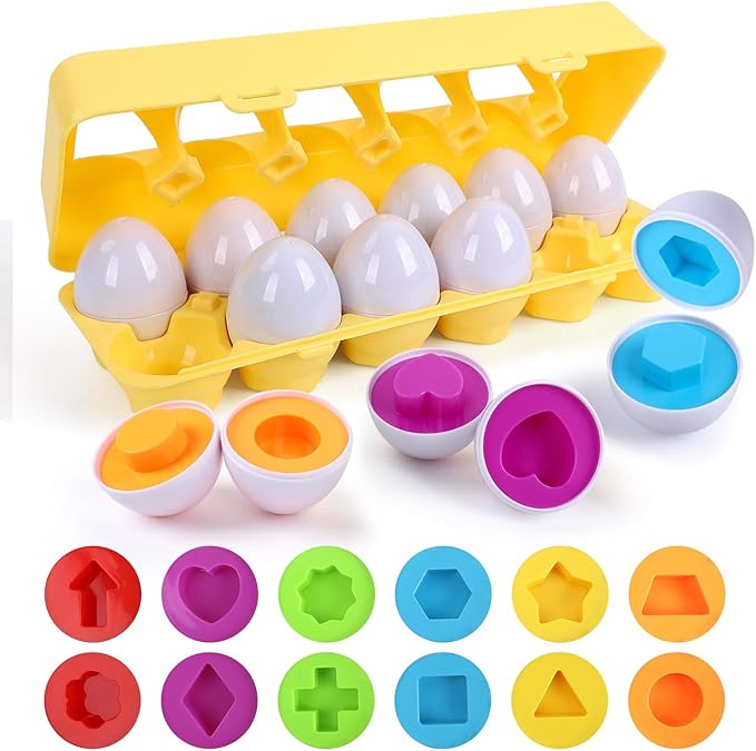 USATDD Matching Eggs for Toddlers Montessori Geometric Eggs Color & Shape Recognition Toy, Fine Motor Skills Shape Sorter Puzzle, Easter Eggs Toys Gifts for Kids, Easter Basket Stuffers