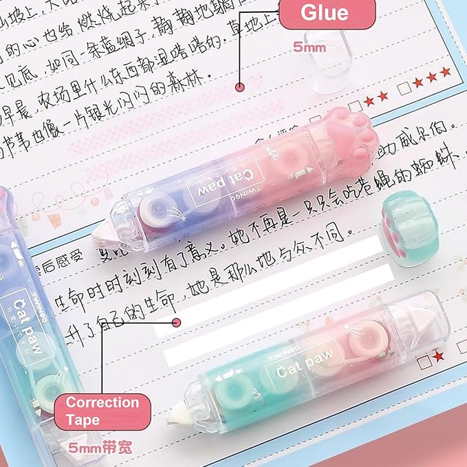 MOZXIRZ 9 Pcs Cute Blue Stationery Set Cat Paw School Supplies Kawaii Office Supplies Including Pens Highlighter Pencil Sharpener Eraser Correction Tape Ruler Sticky Flag Tabs (Gradient Blue)