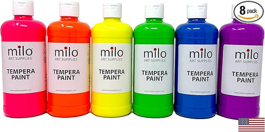 milo Fluorescent Neon Washable Tempera Paint | 16 oz Bottles 6 Colors | Made in the USA | Glows UV in Black Light | Safe & Non-Toxic Paint for Arts & Crafts, Poster, Window, Classroom, School, Project