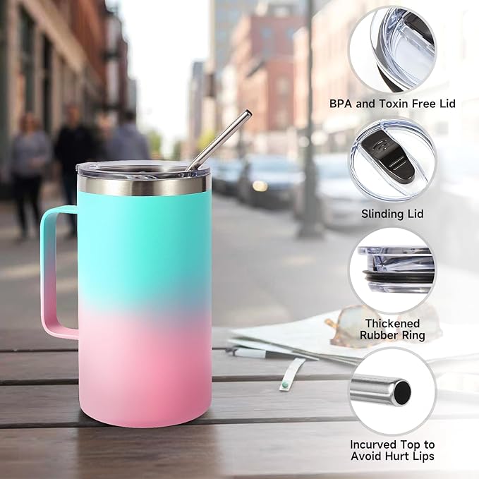 Volhoply 22oz Insulated Stainless Steel Coffee Mugs with Leakproof Lid Bulk 2 Pack,Double Wall Vacuum Travel Coffee Cup with Handle,Reusable Metal Tumbler,Camping Mug Keep Hot&Cold(Green Pink,2)
