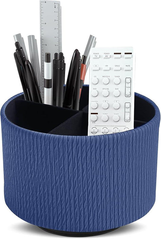 Round Leather Art Supply Organizer,Remote Control Holder,360 Degree Spinning,Multi-Functional Pencil Holder,4 Compartments Desktop Stationary Organizer(1-Vertical Wood Blue)