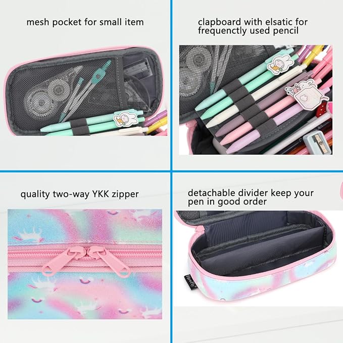 FlowFly Large Capacity Pencil Case for Kids, Boys & Girls – Zippered Multi-Functional Pen Pouch, Soft & Portable Pencil Bag for School, Teens, Students, Glitter#Unicorn