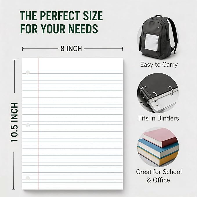 Loose Leaf Paper, 75 Sheets Notebook Lined Pads, 8 x 10.5 College Ruled Filler Paper, 3-Hole Punched Binder Paper for 3-Ring Binders, Double-Side Printed Note Pads for Home, Office, School, 1 Pack