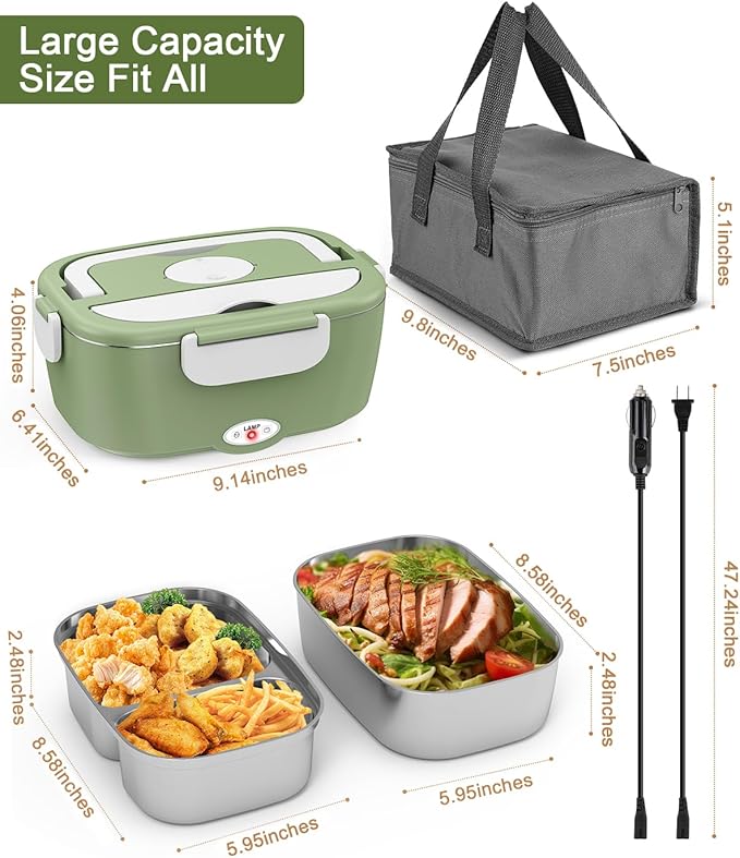 Geveniss Electric Lunch Box for Adults, Heated Lunch Box for Car and Truck, Portable Food Warmer for Office Work, 80W Fast Heating, Dual Removable 1.5L Stainless Steel Containers