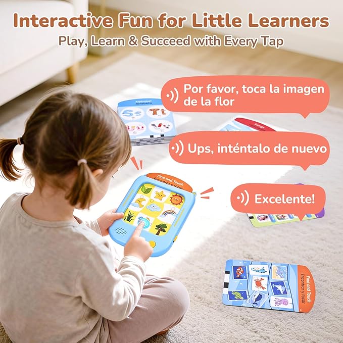 JoyCat Bilingual Kids Learning Tablet, 106 Pages Spanish & English Talking Cards with 20 Interactive Games, Montessori Toy for Alphabet, Words, Numbers, Colors & Songs, Learning Gifts for Toddler 2-6