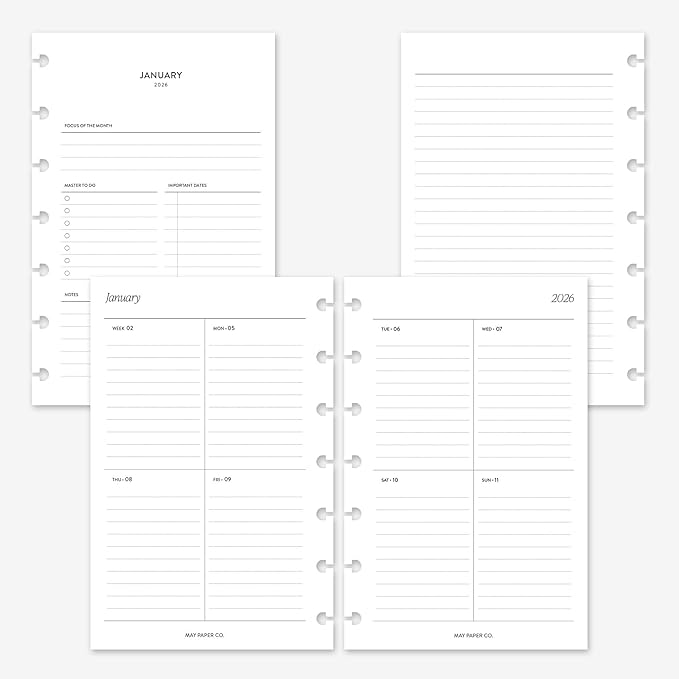 MAY PAPER CO. 2026 Mini Happy Planner Week on Two Pages Weekly Planner Insert Agenda Refill for 7-Discs Mini HP Notebook 4.6 x 7 (Vertical Border Lined)