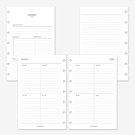 MAY PAPER CO. 2026 Mini Happy Planner Week on Two Pages Weekly Planner Insert Agenda Refill for 7-Discs Mini HP Notebook 4.6 x 7 (Vertical Border Lined)