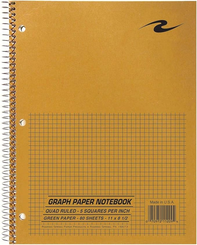 ROARING SPRING Graph Paper Notebook, Spiral Lab Notebook, 24 Pack, Green Tinted Paper, 80 Sheets, 11" x 8.5", Quad Ruled 5x5 Grid, Made in USA, Ideal for Math, Engineering & Science