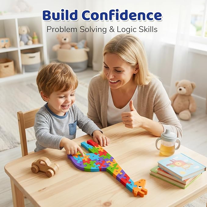 LovesTown Wooden Puzzles for Kids, Double Sided Giraffe Jigsaw with Alphabet & Numbers, Montessori Educational Toy for Toddlers, Chunky Animal Gift