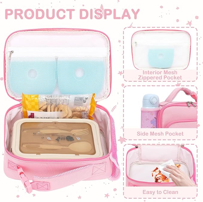 FlowFly Kids Lunch box Insulated Soft Bag Mini Cooer Back to School Thermal Meal Tote Kit for Girls, Boys,Pink