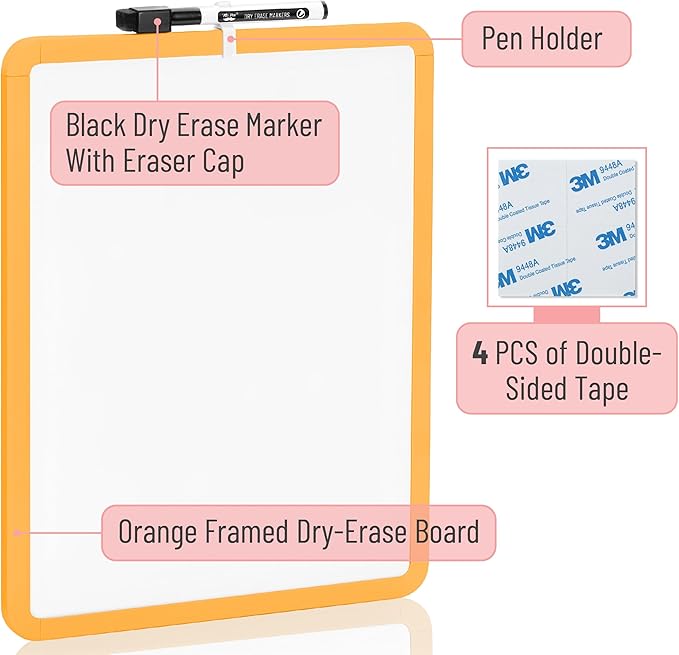 Mr. Pen- Dry Erase Board, 14” x 11” with a Black Dry Erase Marker, Orange Frame, Small Mini White Board for Students, Fridge, Wall, Locker, Includes Double Sided Tapes