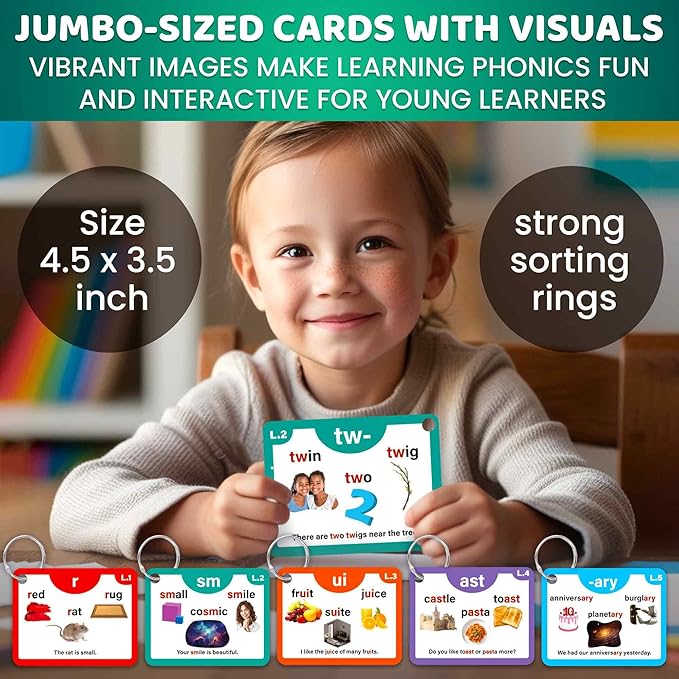 QUOKKA Phonics Flash Cards for Kids Ages 4-8 – 20 Phonic Stages 130 Card Games for Kids Ages 3-5 and 6-8 – Learn to Read Games & Reading Manipulatives for Phonemic Awareness – Alphabet CVC Blends etc