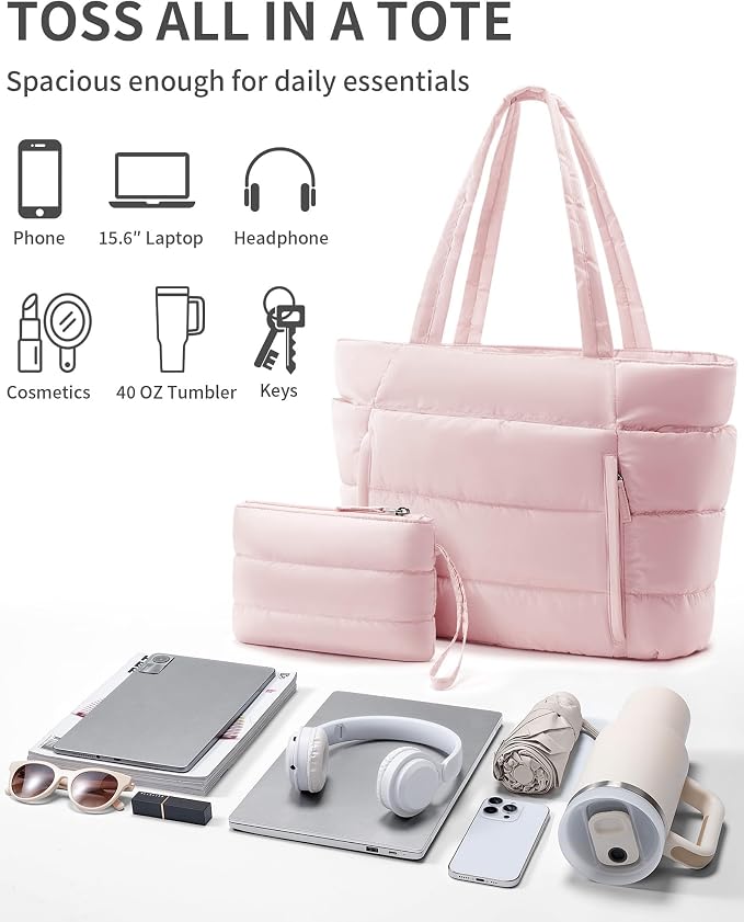 Bagstellar Puffer Tote Bag for Women, Lightweight Puffy Work Handbag Teacher Nurse Quilted Shoulder Bag for School Travel Gym | Cloud Bag w/ Zipper
