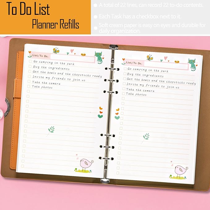 Rancco A6 Planner Inserts to Do List, 90 Pages Colorful 6-Ring Loose-leaf Planner Refills w/Binder Divider, Zipper Pouch, Ruler, Index Tab for Personal Journal, Filofax, Double-sided,Undated,6.9x3.7"