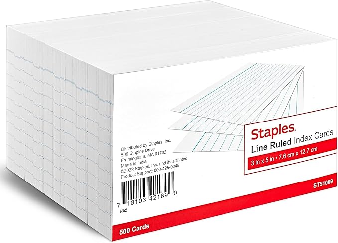 Staples Index Cards, 3" x 5", Lined, White, 500 Pack – Ruled Cards for Studying, Notes & Classroom Use