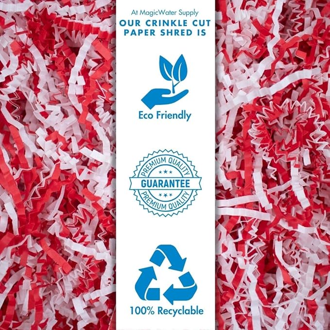 MagicWater Crinkle Cut Paper for Gift Baskets - 2LB - Red & White - Perfect for Shredded Paper Filler, Basket Filler, Gift Boxes, Bridesmaid Gifts, Christmas Stuffers & More – Ideal for All Occasions