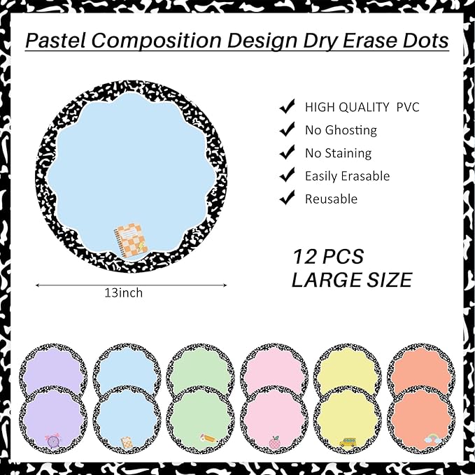 Ireer 12 Pcs 13 '' Dry Erase Dots for Classroom Table Classroom Decor Boho Colorful Stickers for Whiteboard Wall Decor Removable Dry Erase Circles for School Teacher Supplies(Lovely,Fresh Color)