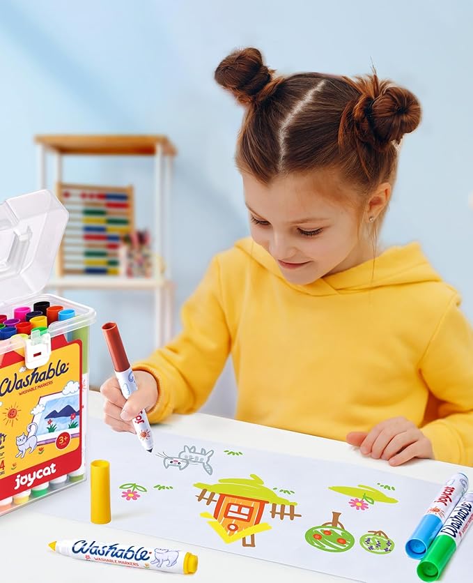 JoyCat 24 Colors Washable Markers for Kids, Broad Line Art Markers with Portable Travel Case, Non-Toxic School Art Supplies for Boys Girls, Ideal for Coloring Books & Classroom Projects