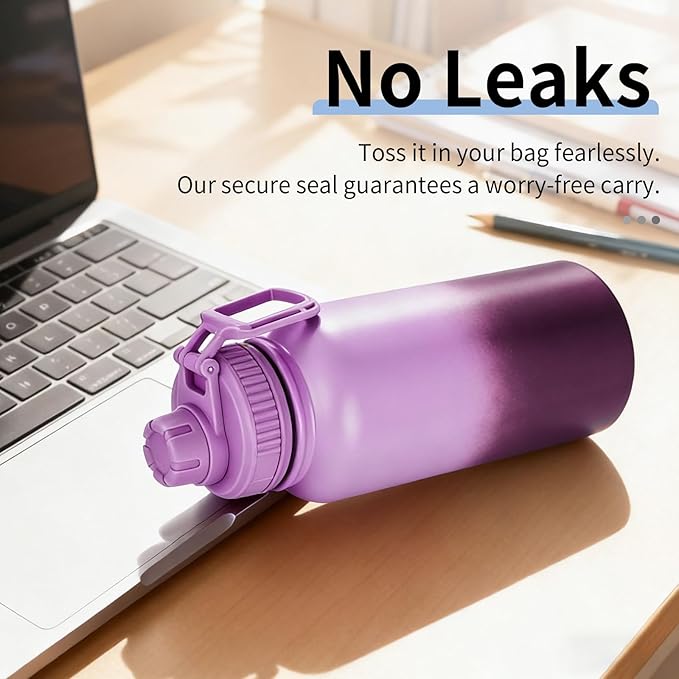 Gulex Motivational Water Bottle 32oz with Time Marker- Leakproof & BPA Free Sports Water Bottle with Straw & Carry Strap for Gym, Travel and Outdoor Sports (Stainless steel insulation-Purple)