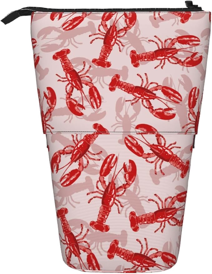 Red Crawfish Standing Pencil Case Cute Telescopic Stationary Pouch with Zipper Large Capacity Stand up Pen Bag Portable Makeup Holder for School Office Supplies