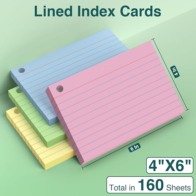 Index Cards 4x6 with Ring, 160 Sheets, Ruled Colored Flash Cards for Effective Studying and Note-Taking,Note Cards, Essential School Supplies for College & Office, Home Organization & Study Supplies