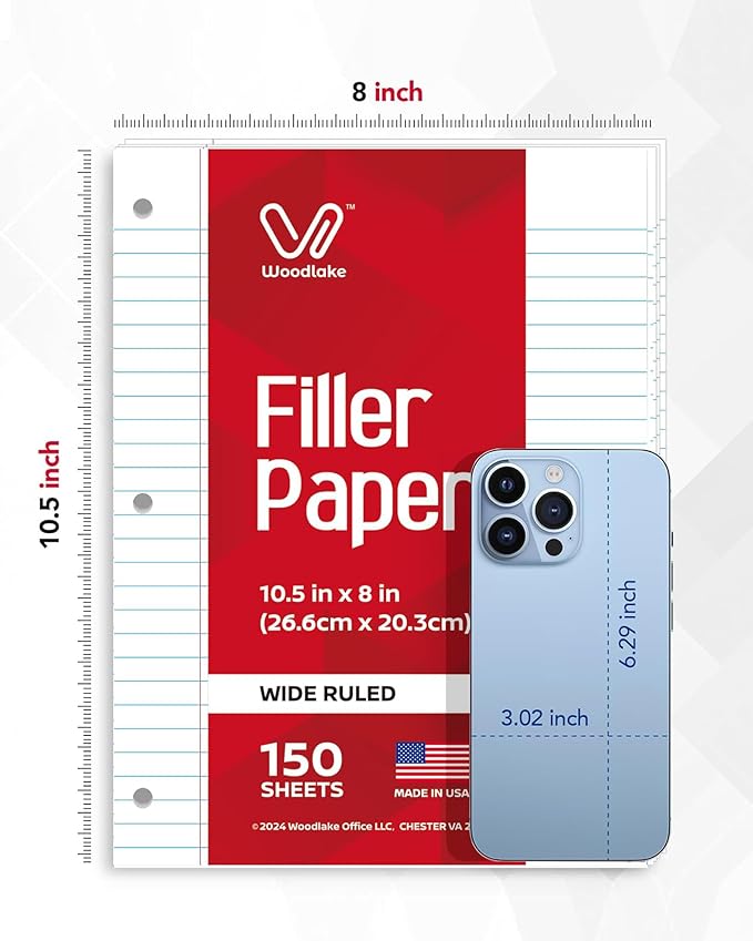 Woodlake Loose Leaf Paper, Wide Ruled Notebook Paper, 8 x 10.5”, 150 Sheets per Pack, 3 Pack Bulk Lined Filler Paper, 3 Hole Punched, 60gsm, Made in USA